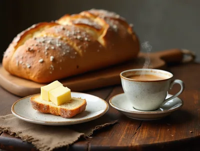 Freshly Baked Bread With Butter And Hot Coffee