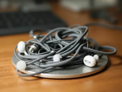 Tangled Gray Wired Earbuds On A Metal Desk Stand