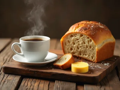 Steaming Cup Of Coffee With Fresh Bread And Butter