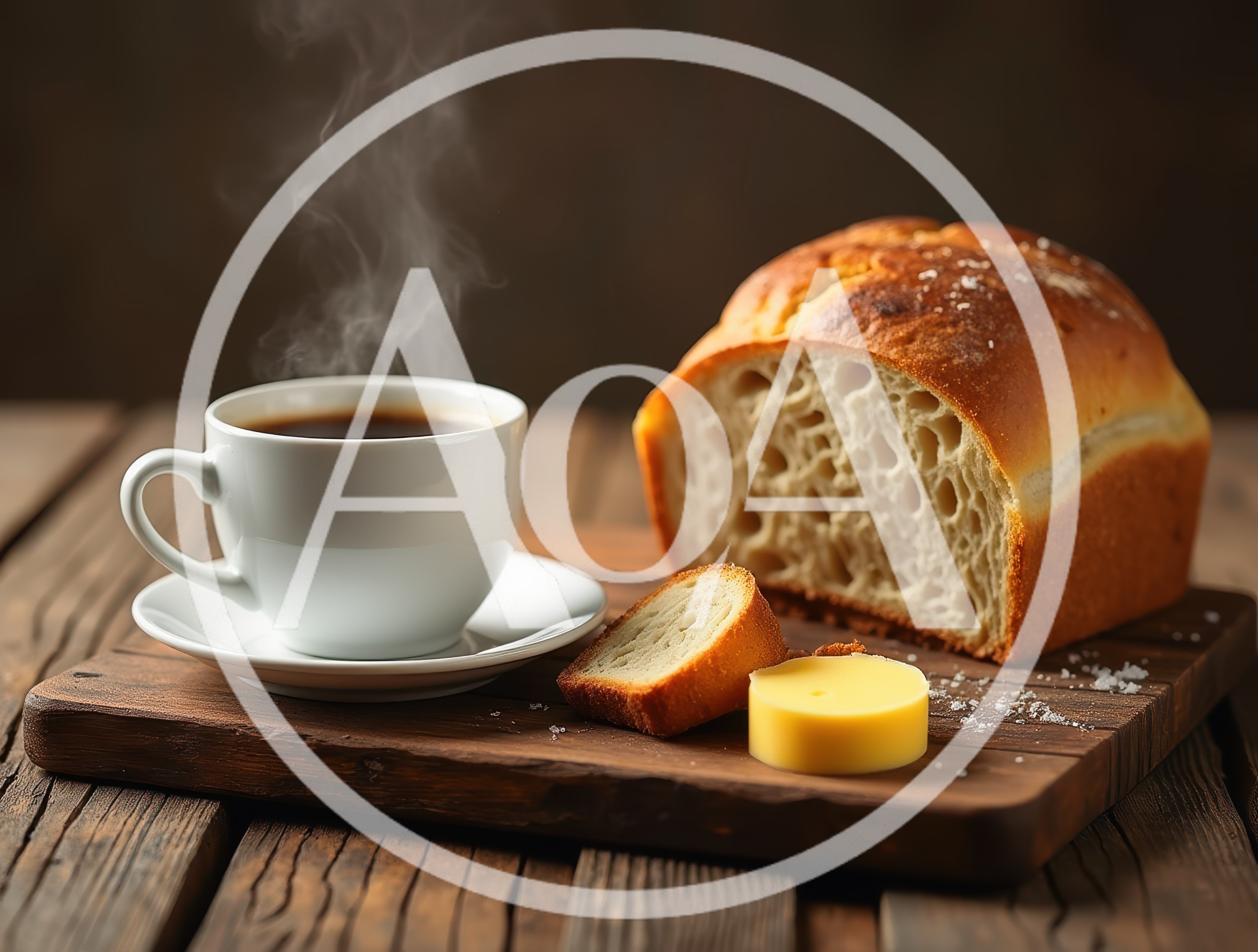Steaming Cup Of Coffee With Fresh Bread And Butter