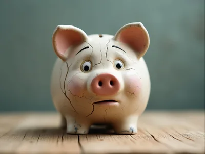 Cracked Ceramic Piggy Bank On Wooden Surface