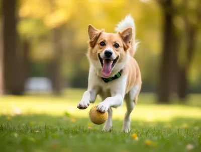 Happy Dog Running With A Ball In The Park