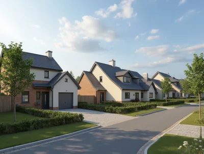 Modern Suburban Residential Street With Detached Houses