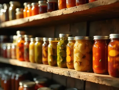 Rows Of Homemade Preserves In Glass Jars On Shelves