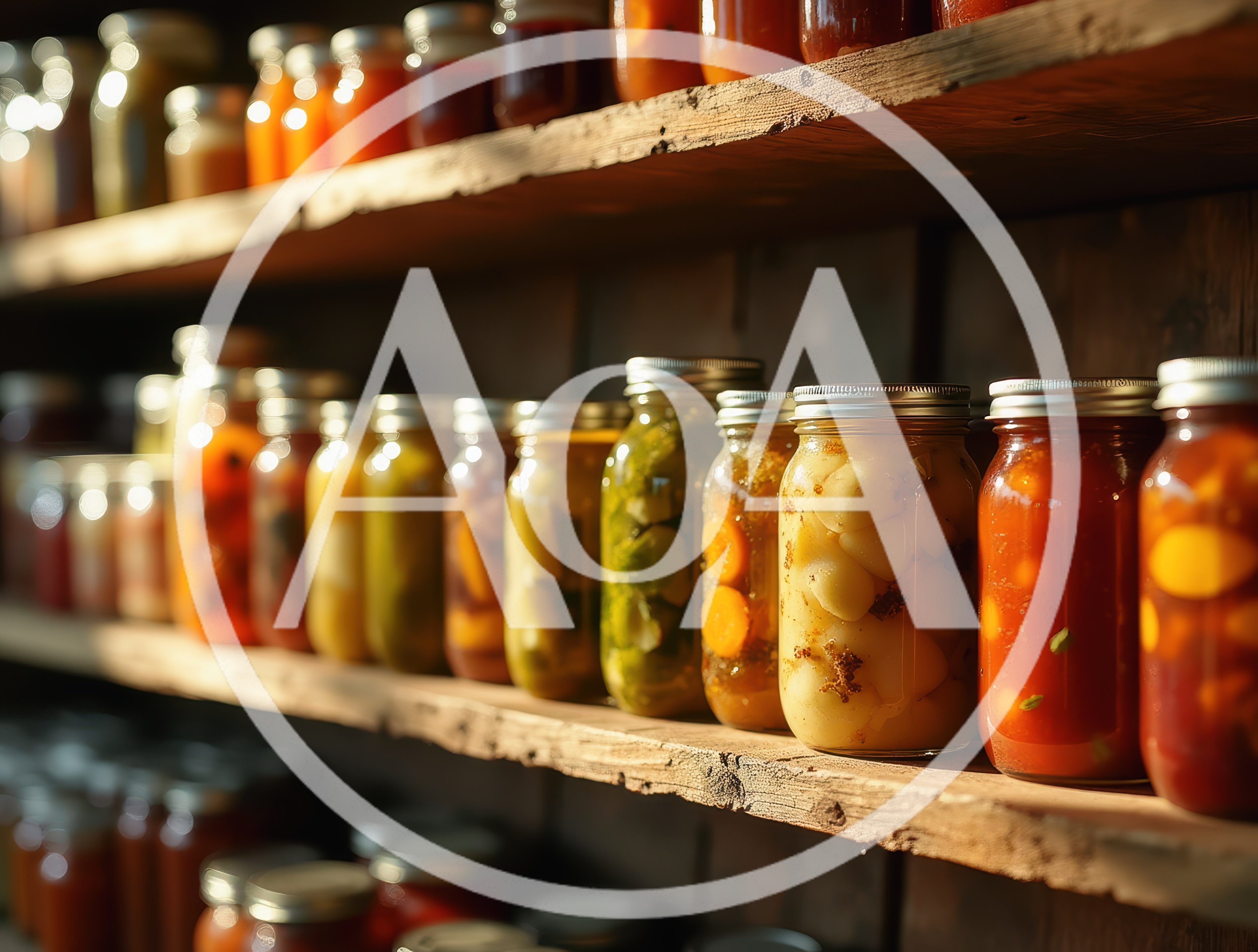 Rows Of Homemade Preserves In Glass Jars On Shelves