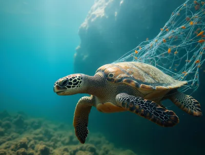 Sea Turtle Entangled in Discarded Fishing Net