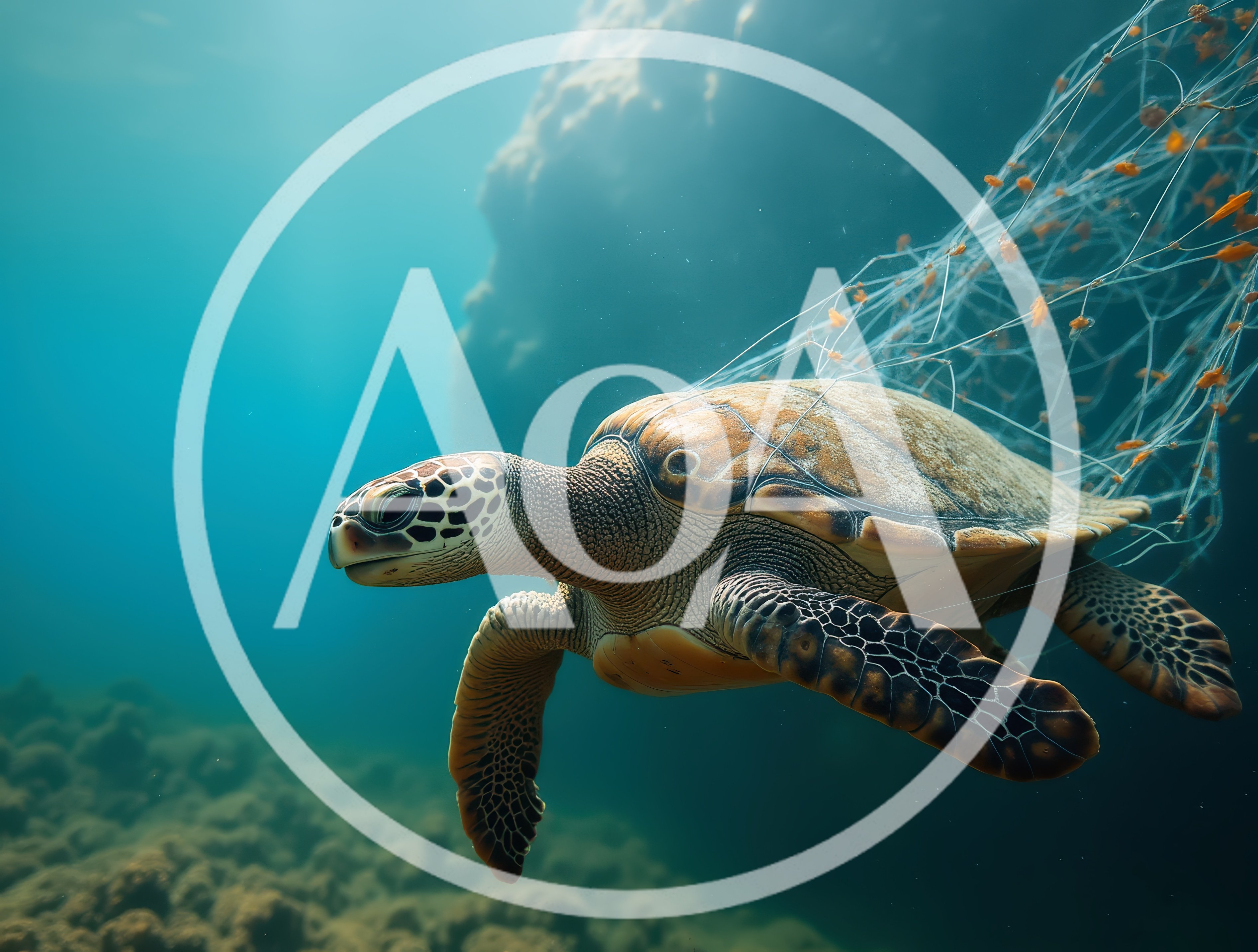 Sea Turtle Entangled in Discarded Fishing Net