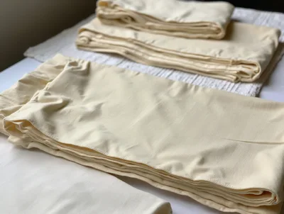 Folded Cream Colored Fabric Sheets On A Table