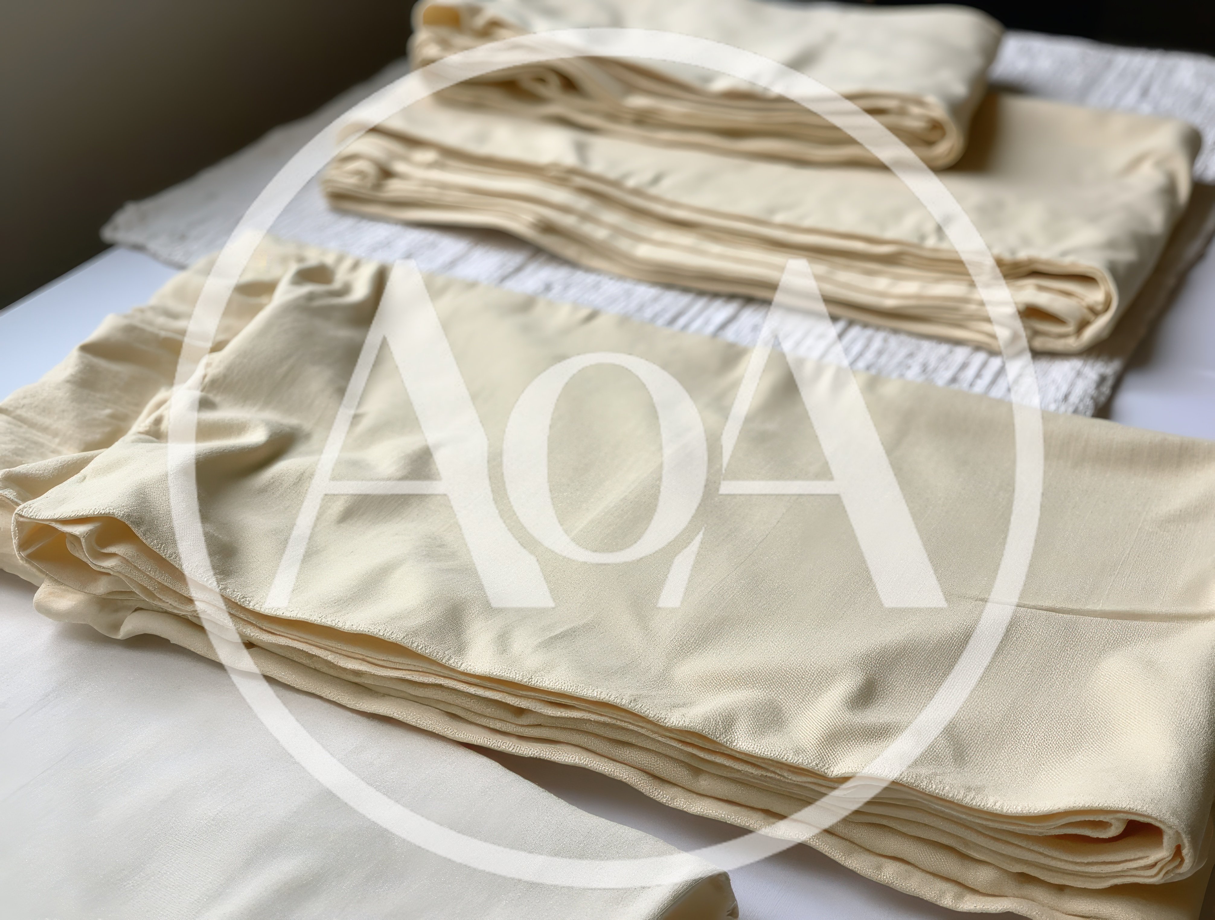 Folded Cream Colored Fabric Sheets On A Table