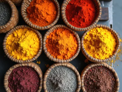 Top View Of Colorful Spices In Woven Baskets