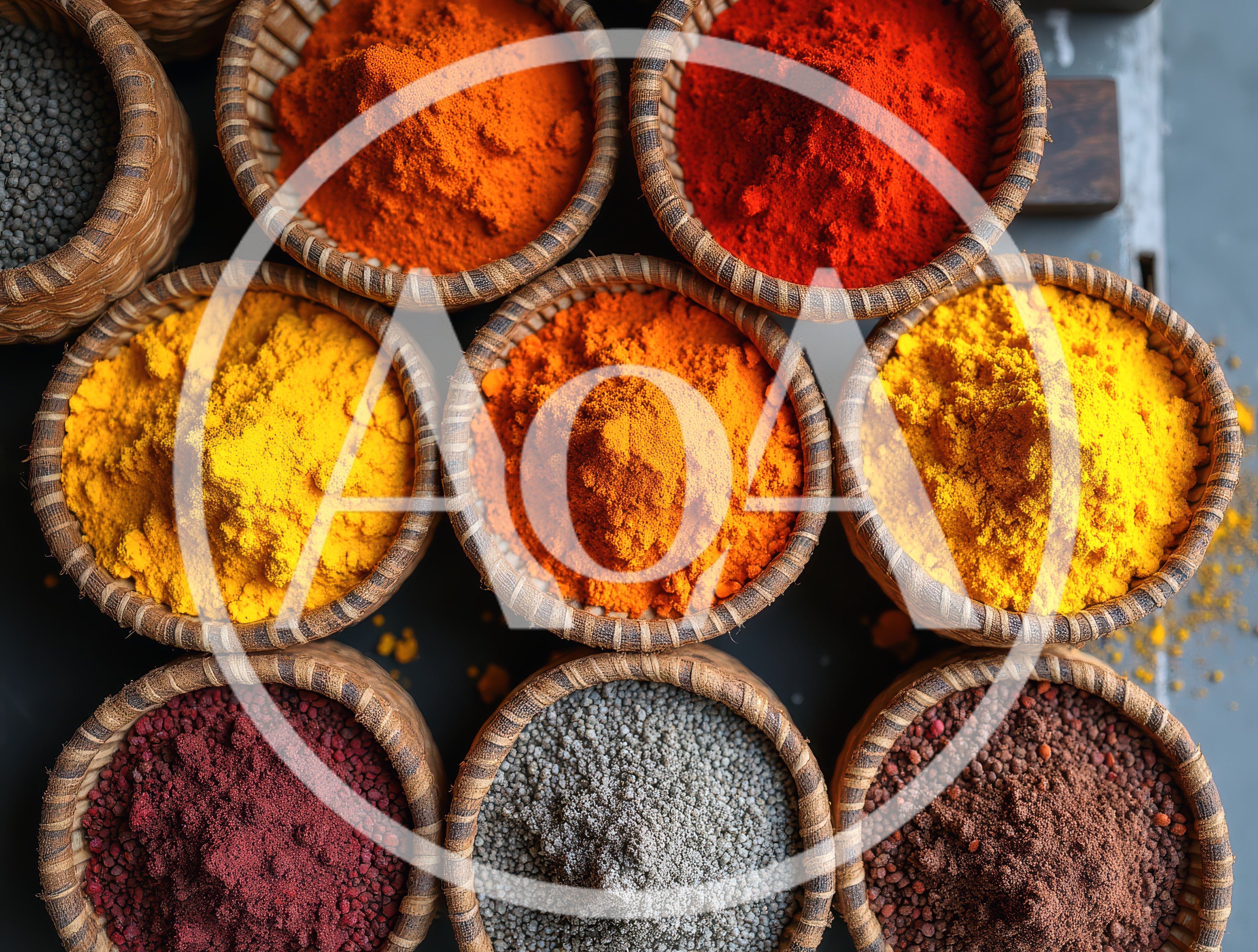 Top View Of Colorful Spices In Woven Baskets