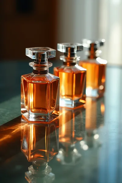 Three Elegant Perfume Bottles On A Reflective Surface