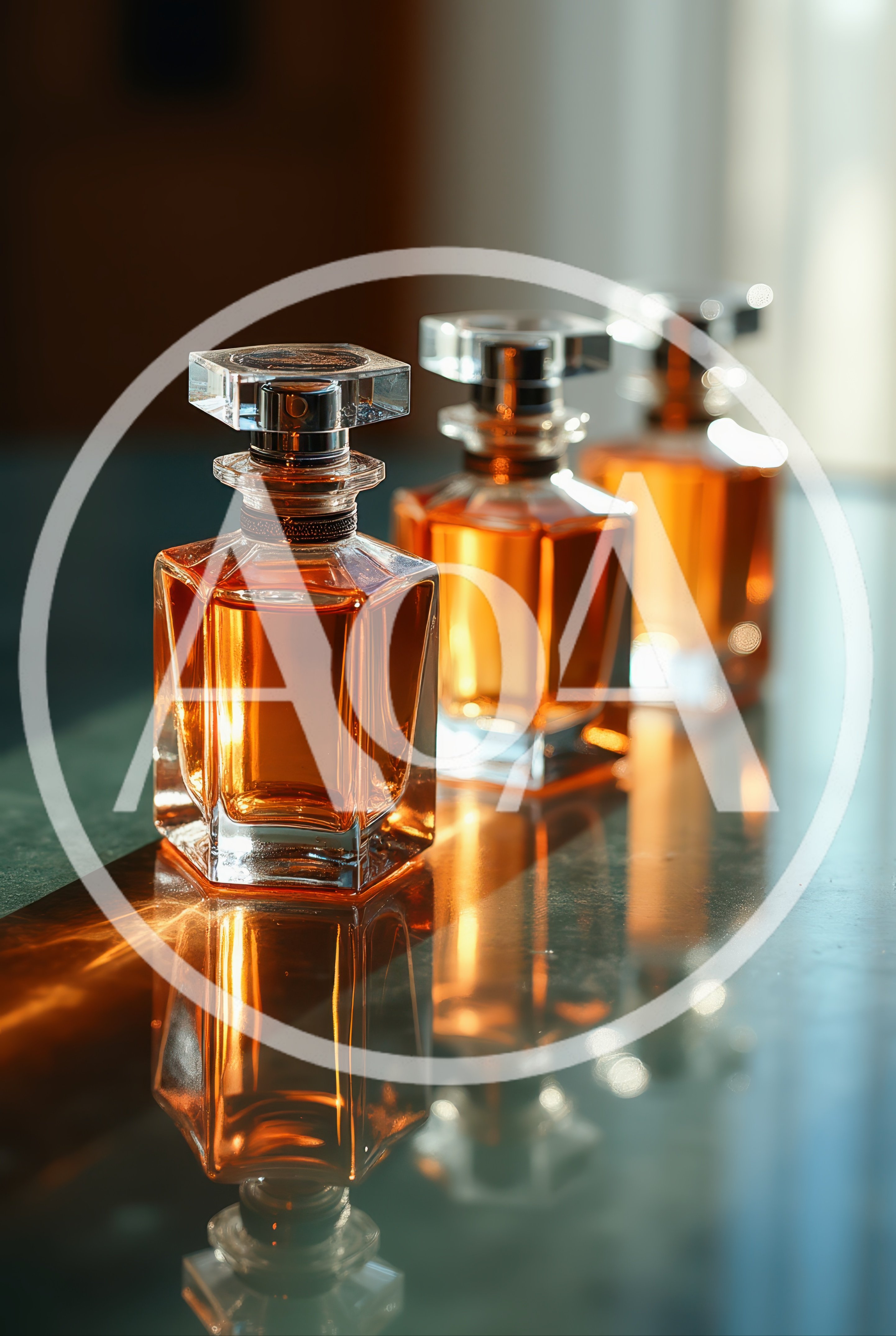 Three Elegant Perfume Bottles On A Reflective Surface