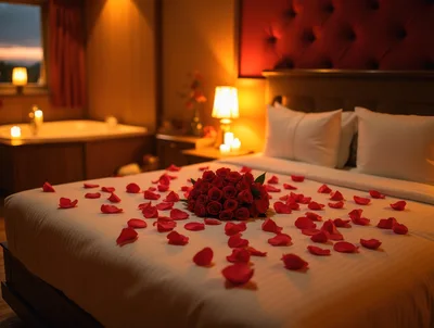 Romantic Hotel Bedroom With Rose Petals And Bouquet