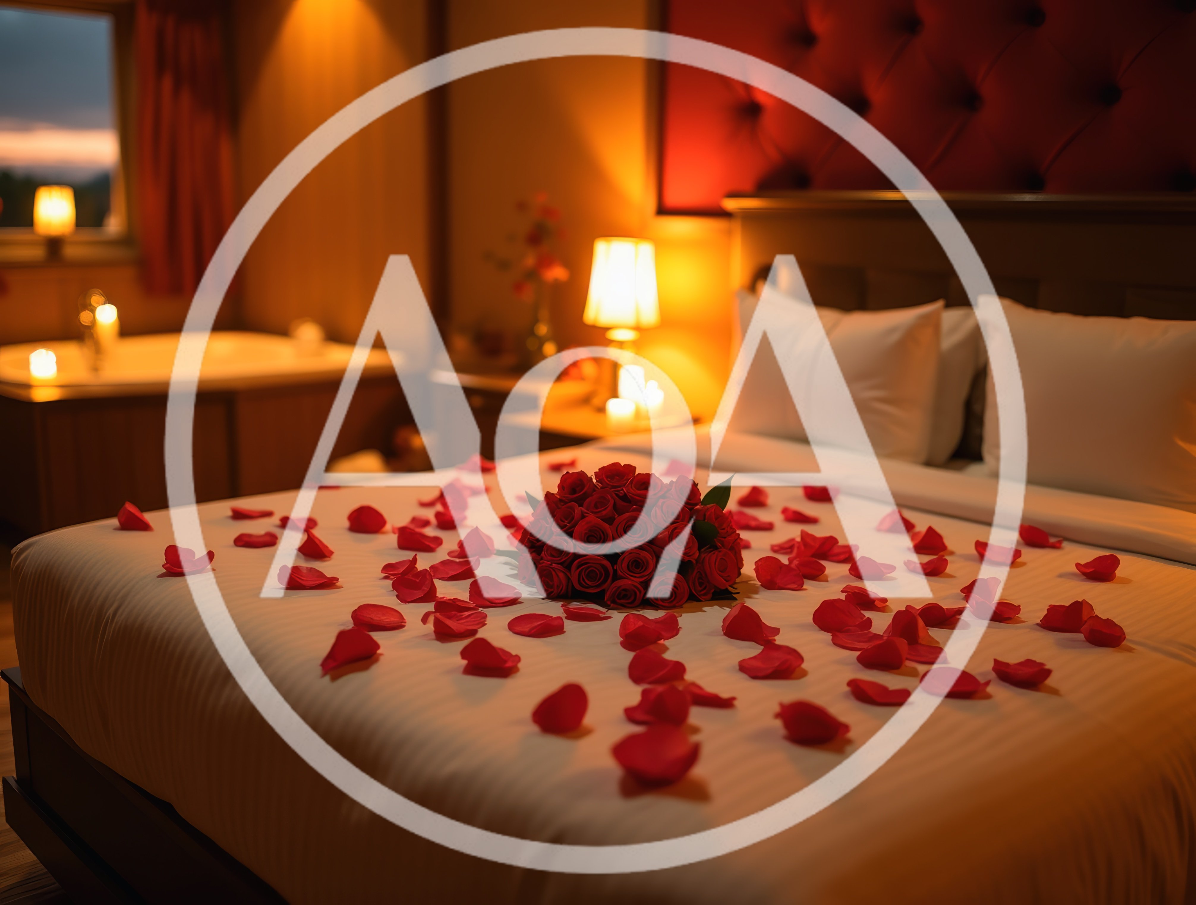 Romantic Hotel Bedroom With Rose Petals And Bouquet
