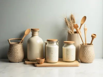 Rustic Kitchen Countertop With Glass Jars And Wooden Utensils