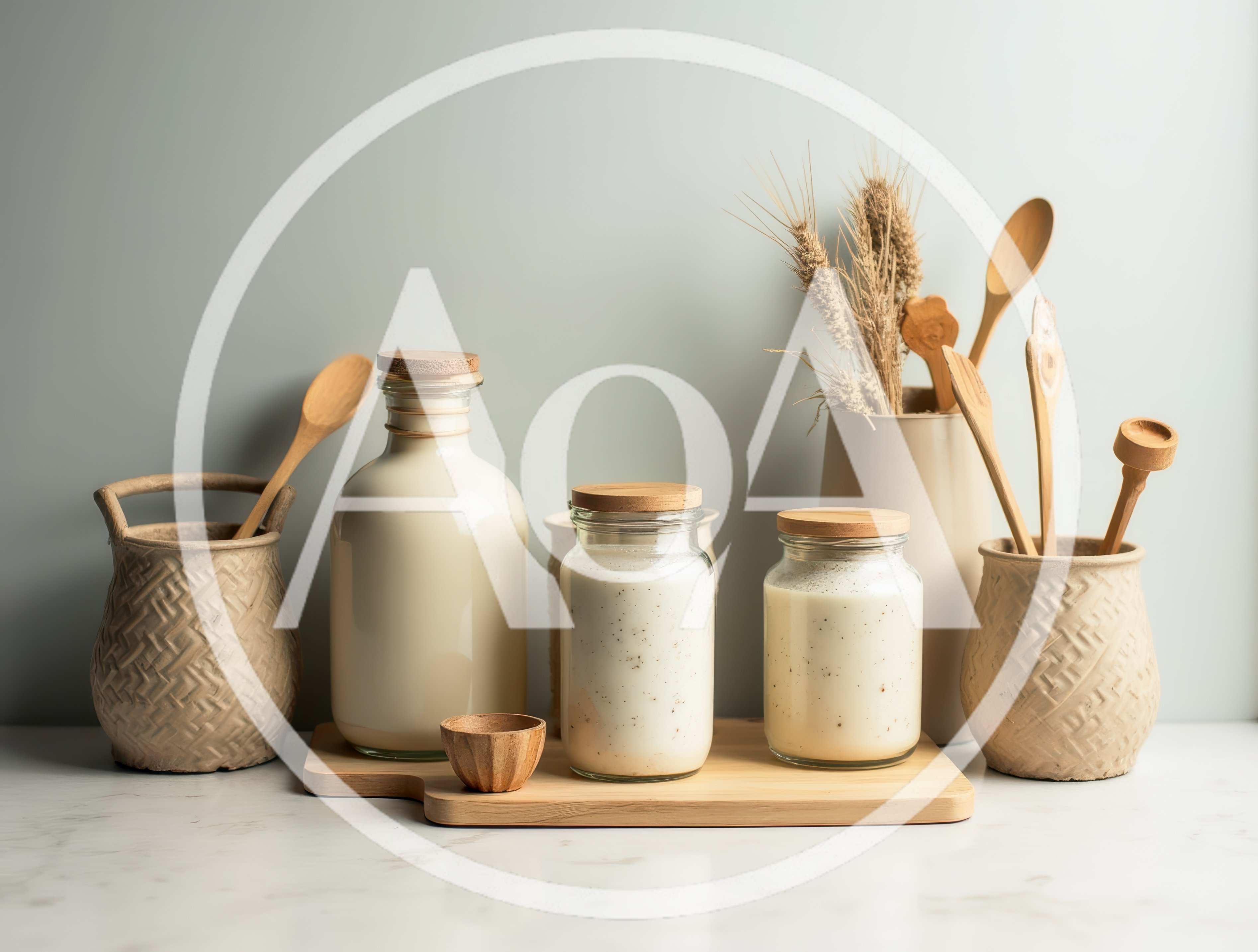Rustic Kitchen Countertop With Glass Jars And Wooden Utensils
