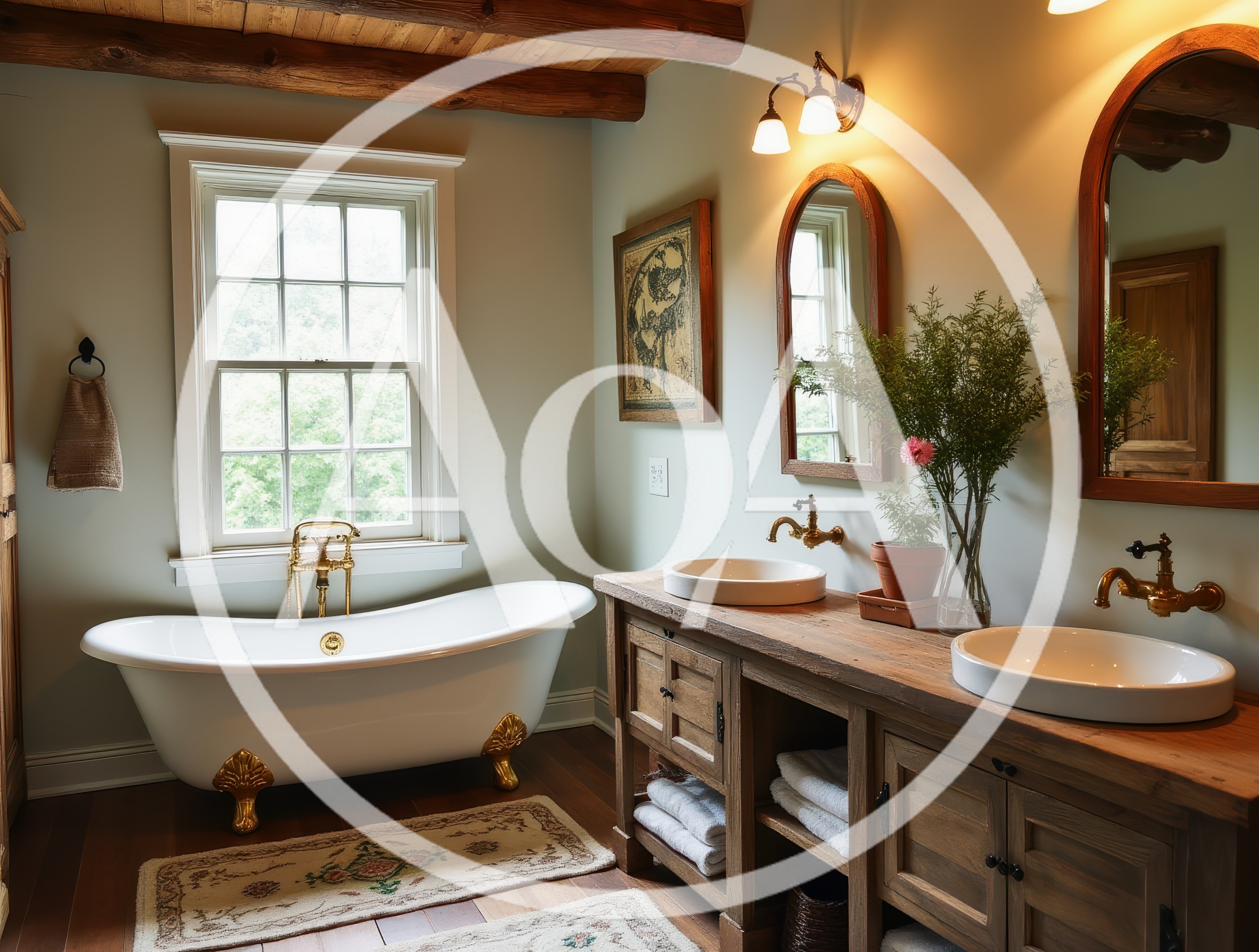 Rustic Bathroom Interior With Clawfoot Tub And Double Vanity