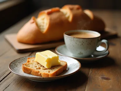 Freshly Baked Bread With Butter And Hot Coffee