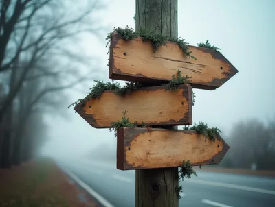 Blank Wooden Directional Signpost In Foggy Forest