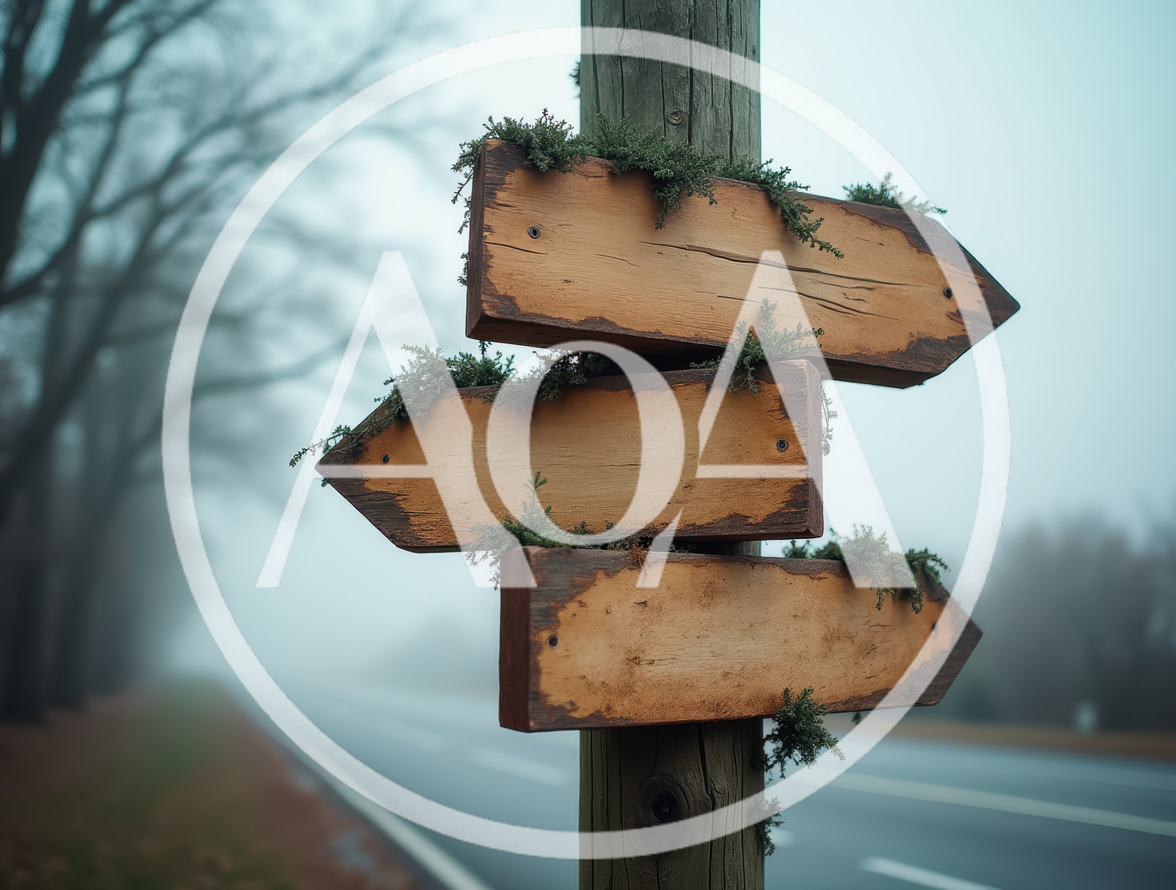 Blank Wooden Directional Signpost In Foggy Forest