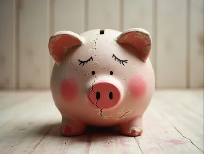 Cracked Pink Piggy Bank on Wooden Surface