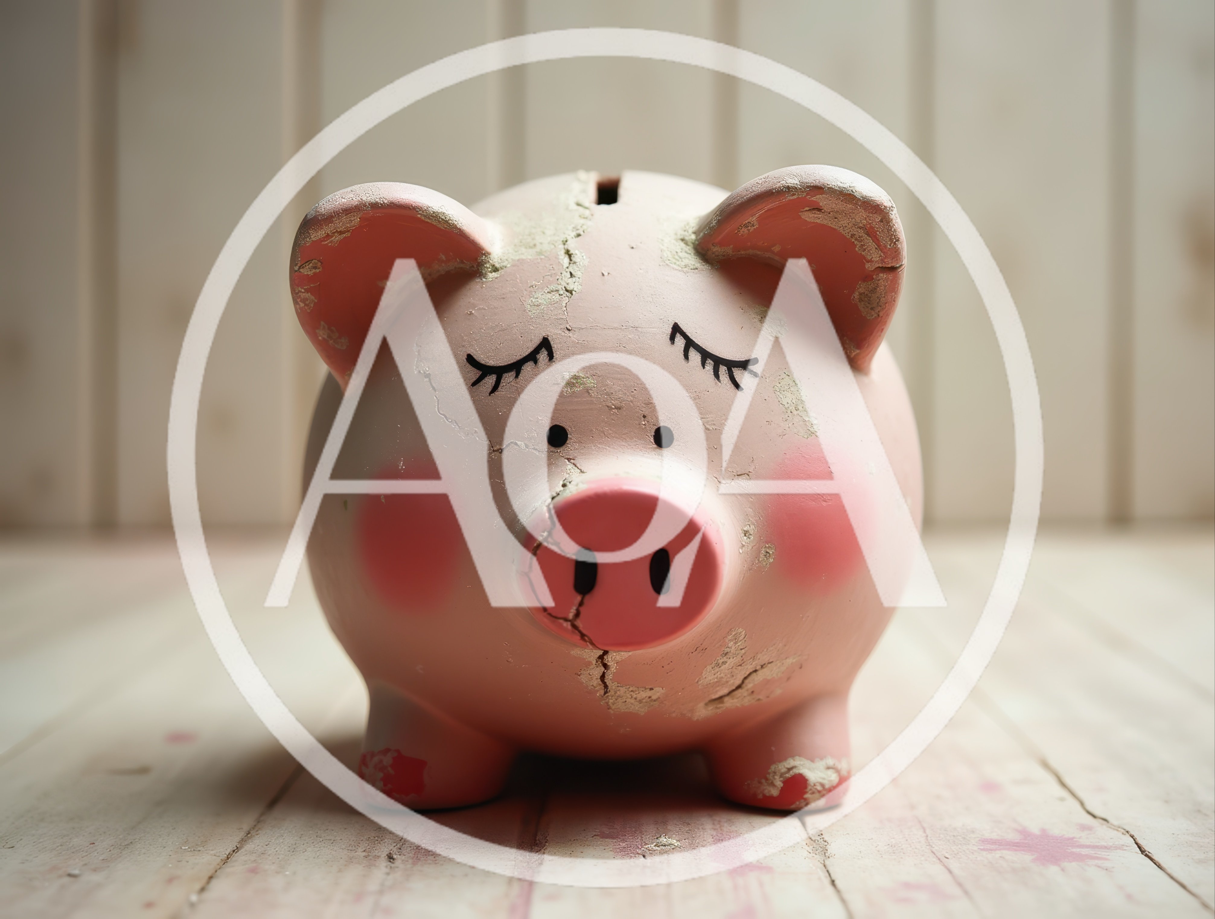 Cracked Pink Piggy Bank on Wooden Surface