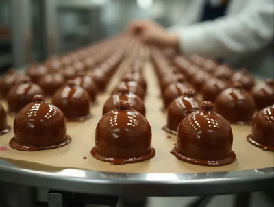 Chocolate Truffles Moving Along A Factory Conveyor Belt