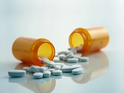 Two Spilled Orange Prescription Pill Bottles With Tablets