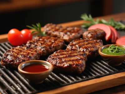 Grilled Beef Patties With Dipping Sauces On A Grill