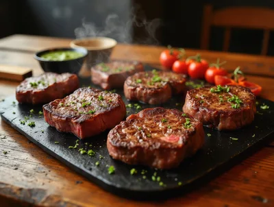 Grilled Beef Steaks Served on a Slate Platter