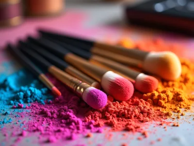 Makeup Brushes Resting On Vibrant Colorful Pigment Powder