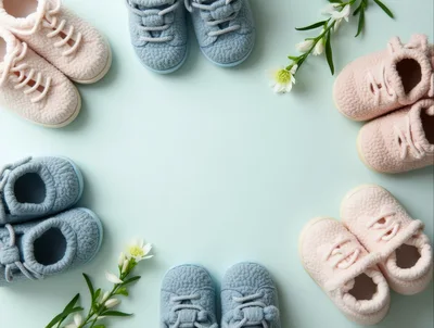 Baby Shoes Arranged in a Circle on Light Blue Background