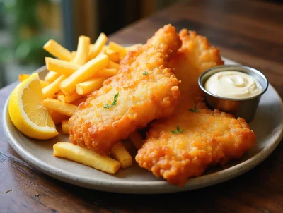 Crispy Fried Fish And Chips With Lemon And Sauce