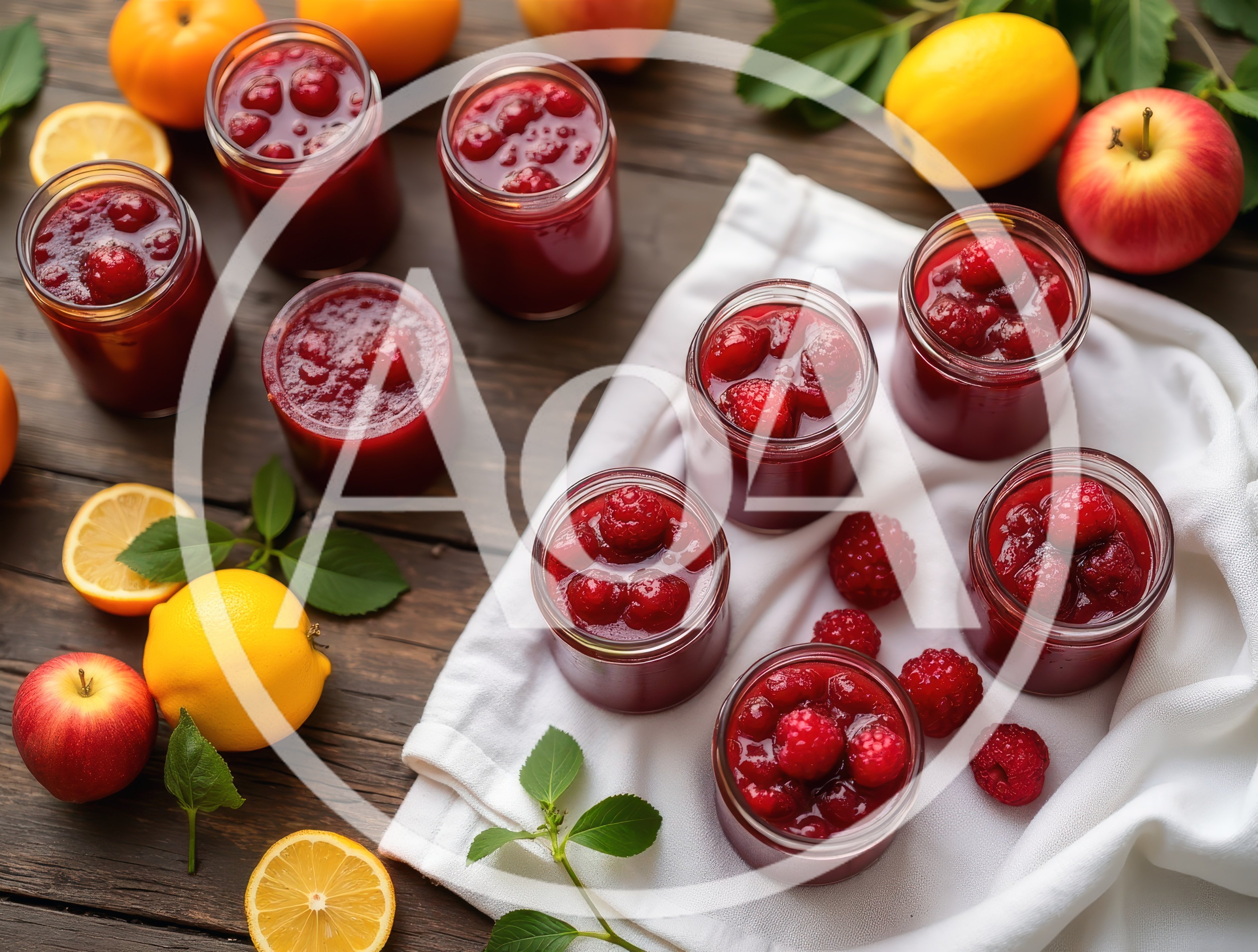 Glass Jars Of Raspberry Jam With Fresh Fruit