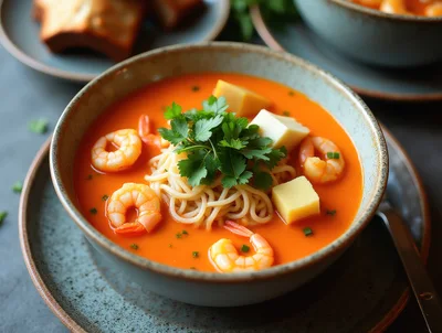 Bowl Of Tomato Shrimp Soup With Noodles