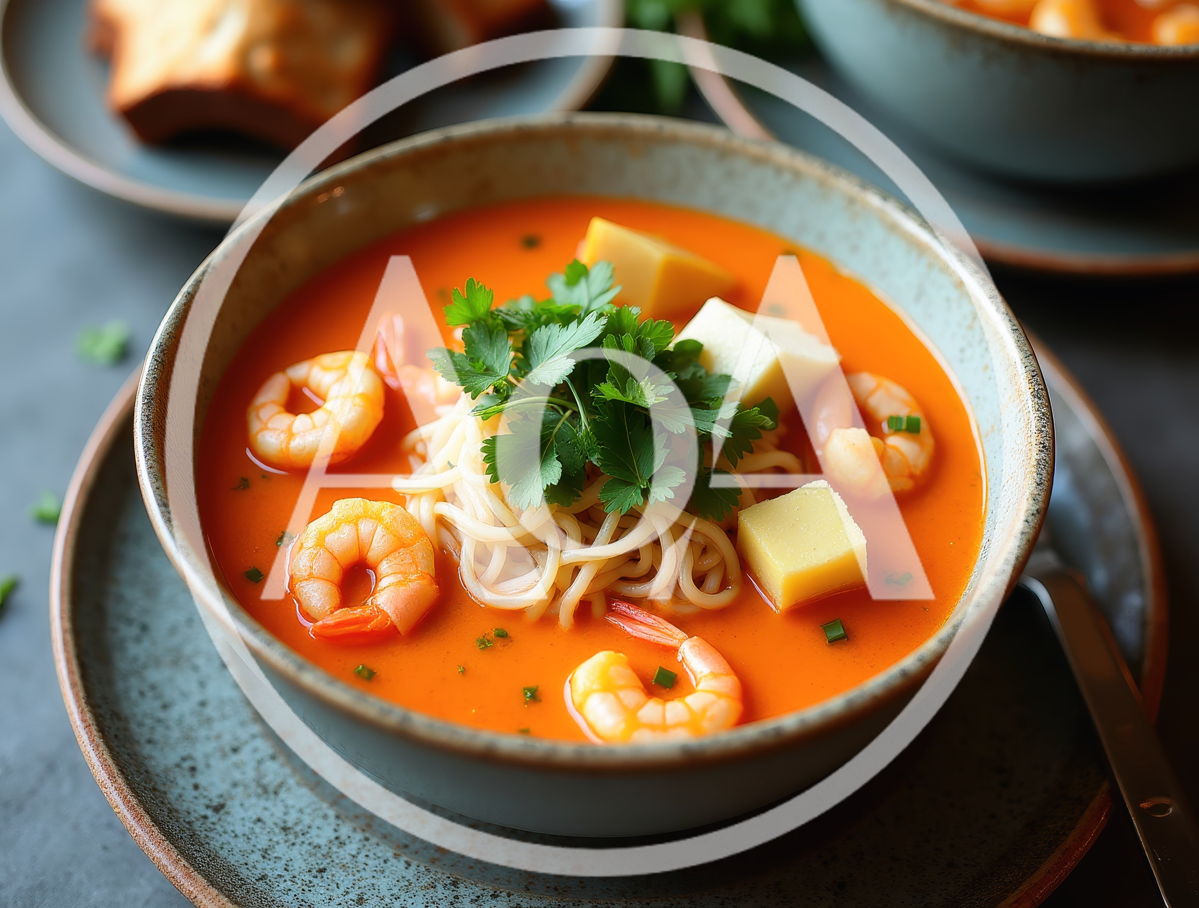 Bowl Of Tomato Shrimp Soup With Noodles