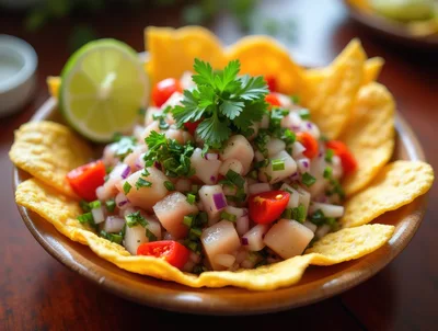 Fresh Ceviche Served In A Crispy Tortilla Bowl