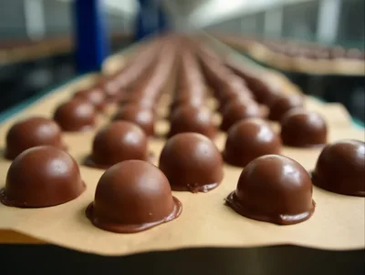 Chocolate Truffles Moving Along A Factory Conveyor Belt
