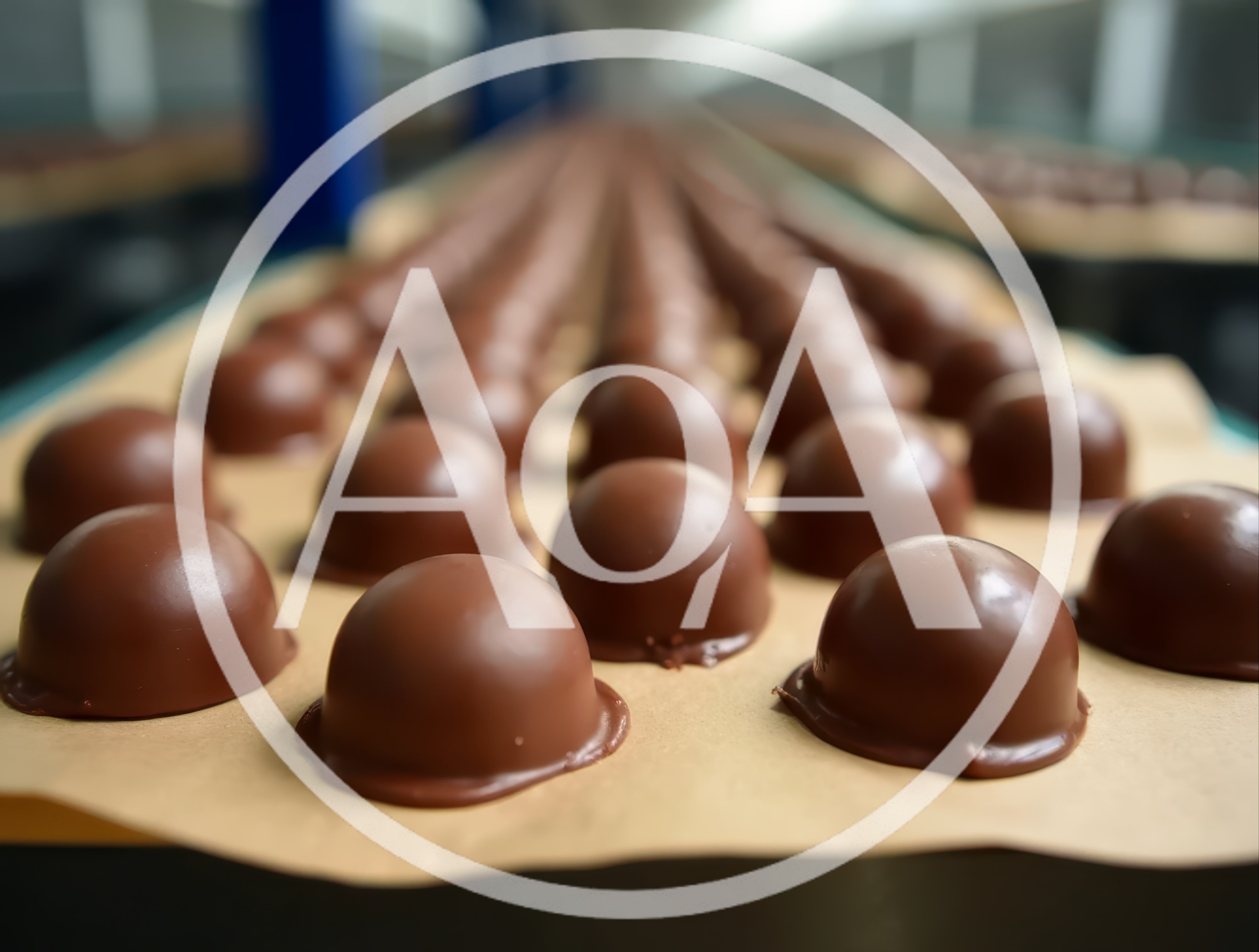 Chocolate Truffles Moving Along A Factory Conveyor Belt