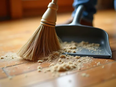 Person Sweeping Debris Into A Dustpan On Wooden Floor