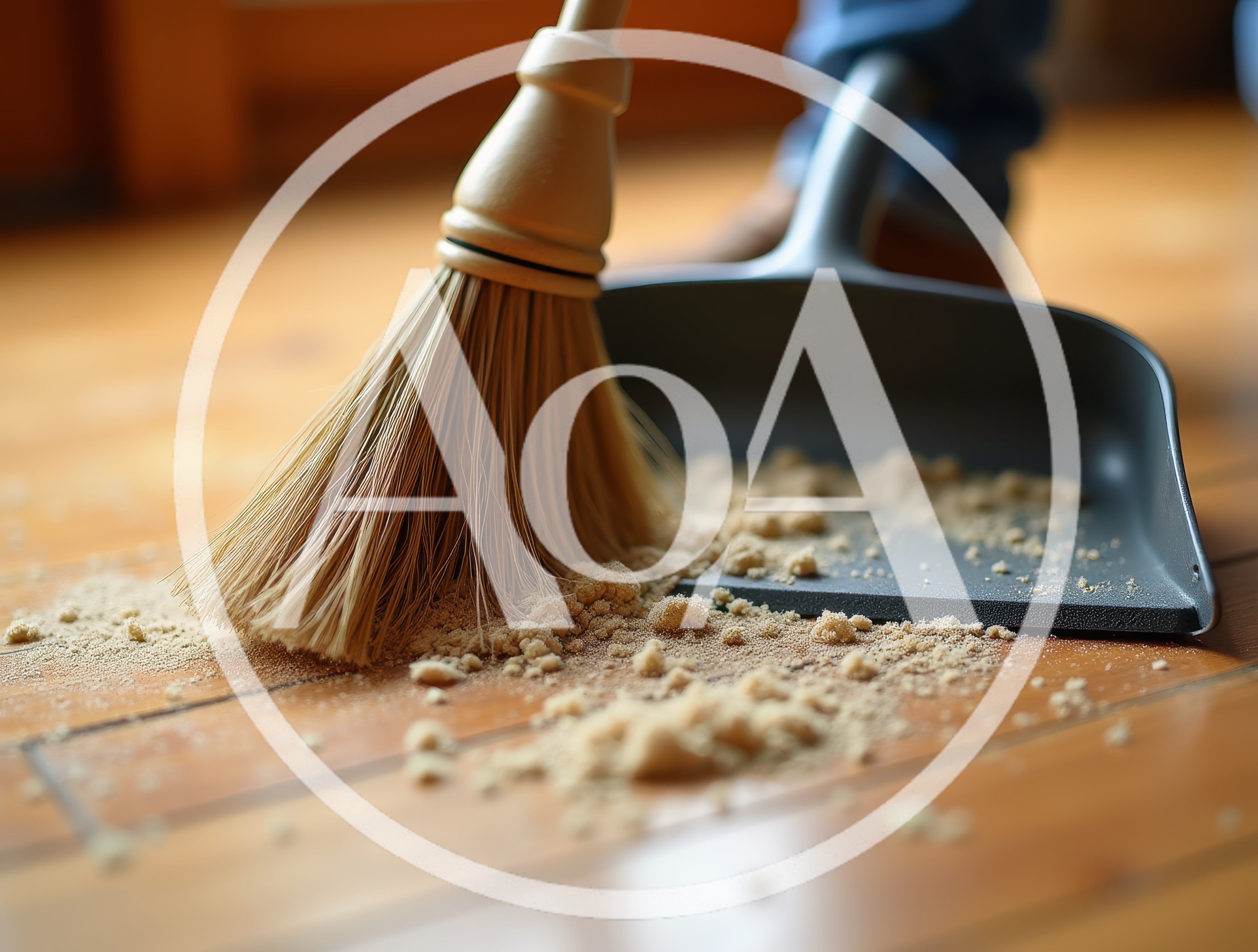 Person Sweeping Debris Into A Dustpan On Wooden Floor