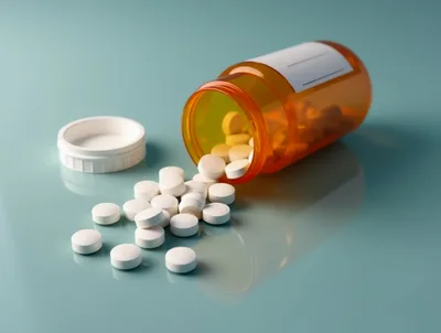 Pills Spilling From An Orange Prescription Bottle