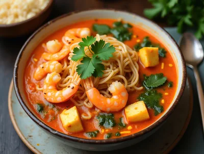 Bowl Of Spicy Shrimp Noodle Soup With Tofu