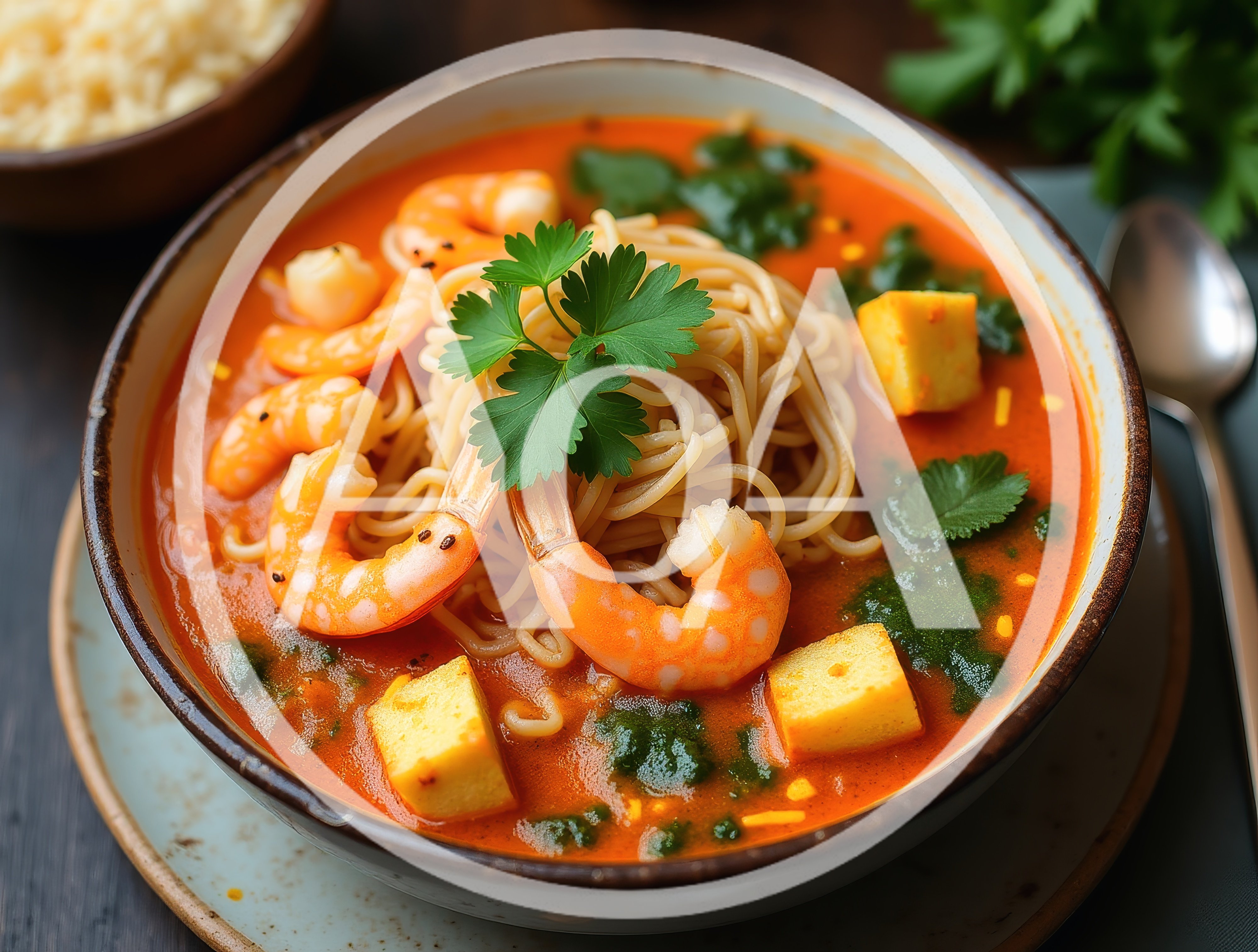 Bowl Of Spicy Shrimp Noodle Soup With Tofu