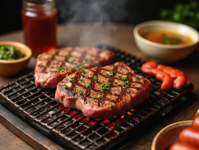 Two Grilled Steaks Sizzling On A Charcoal Grill