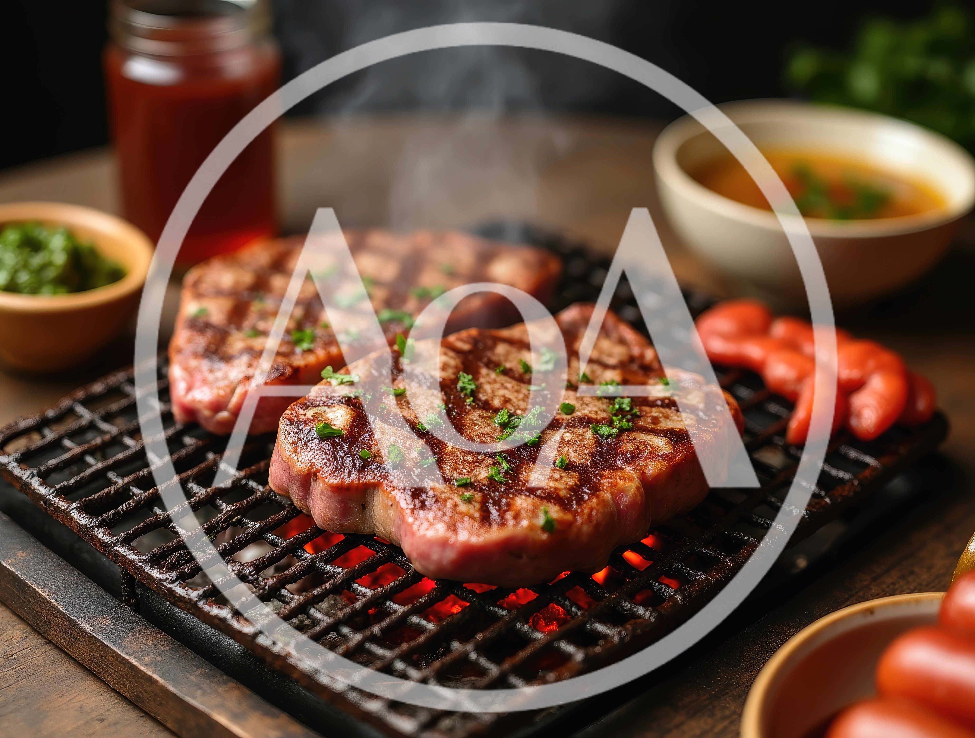 Two Grilled Steaks Sizzling On A Charcoal Grill