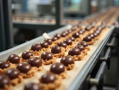 Chocolate Truffles Moving Along A Factory Conveyor Belt