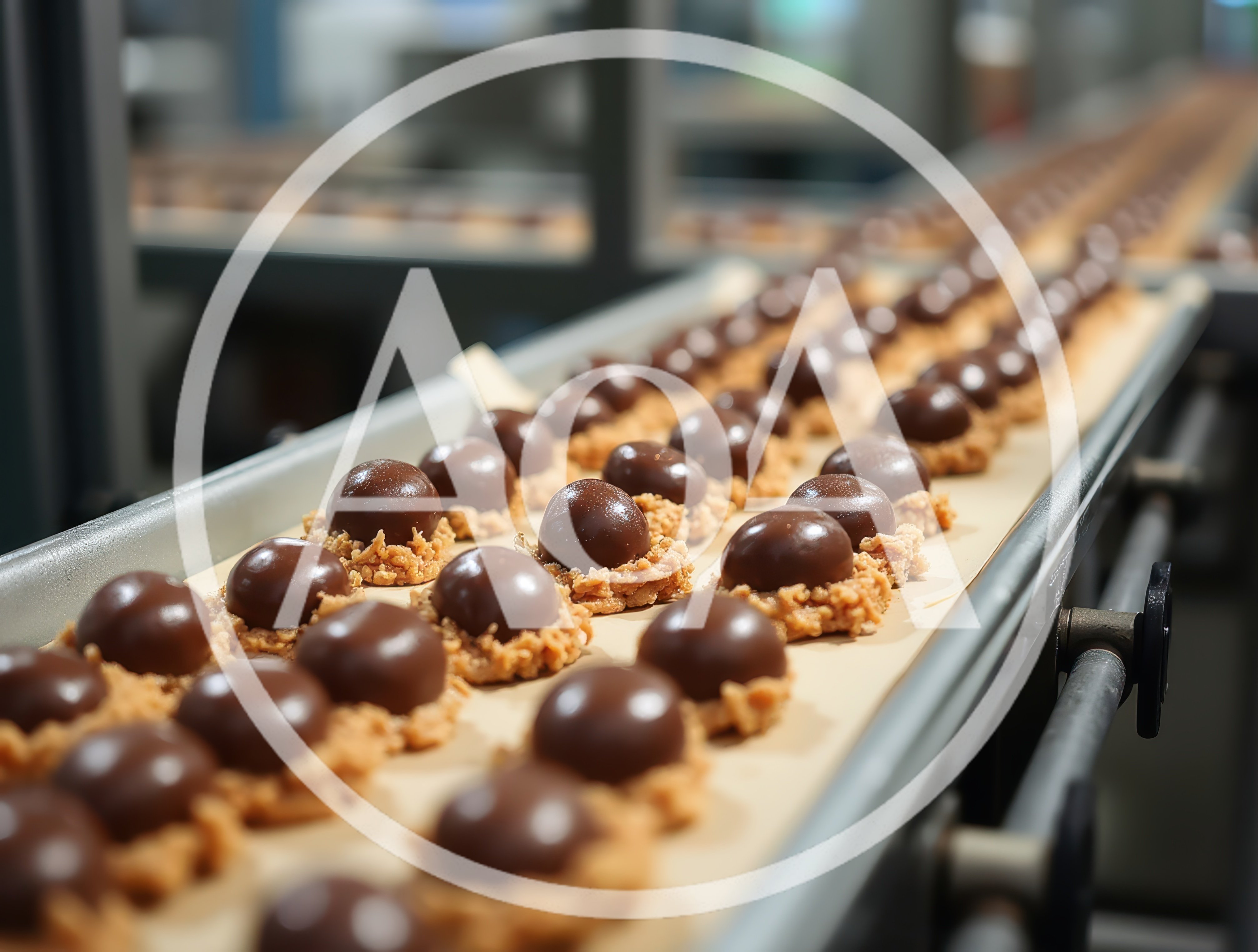 Chocolate Truffles Moving Along A Factory Conveyor Belt
