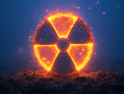 Glowing Radioactive Symbol Floating Above Dark Textured Ground